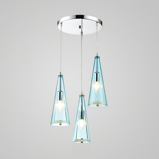 Modern Cone Pendant Lamp in Chrome with Blue/Amber/Clear Glass Panels - 3 Lights Ceiling Hanging Light, Round/Linear Canopy