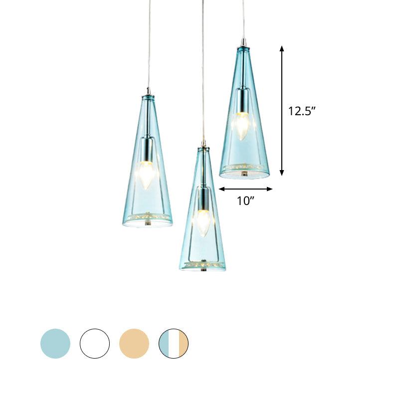 Modern Cone Pendant Lamp in Chrome with Blue/Amber/Clear Glass Panels - 3 Lights Ceiling Hanging Light, Round/Linear Canopy