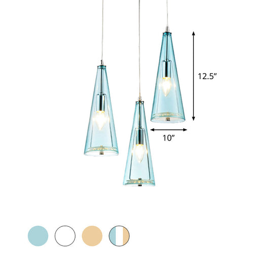 Contemporary Cone Pendant Lamp - Blue/Amber/Clear Glass 3-Light Ceiling Light In Chrome Round/Linear