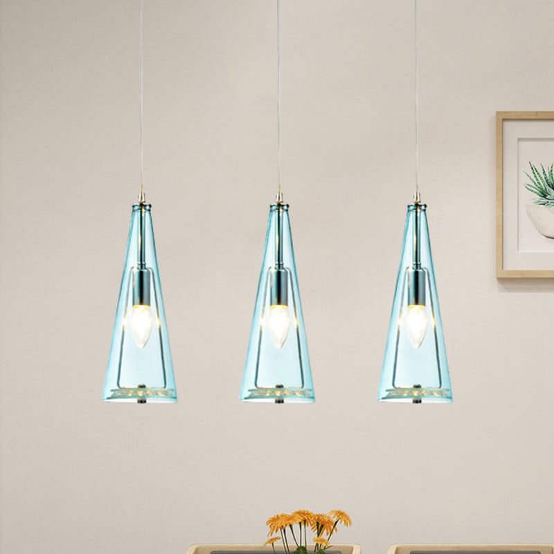 Modern Cone Pendant Lamp in Chrome with Blue/Amber/Clear Glass Panels - 3 Lights Ceiling Hanging Light, Round/Linear Canopy
