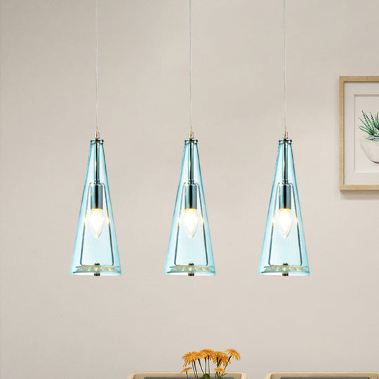 Modern Cone Pendant Lamp in Chrome with Blue/Amber/Clear Glass Panels - 3 Lights Ceiling Hanging Light, Round/Linear Canopy