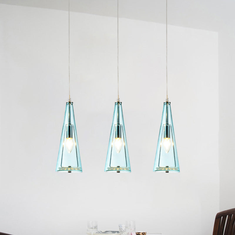 Modern Cone Pendant Lamp in Chrome with Blue/Amber/Clear Glass Panels - 3 Lights Ceiling Hanging Light, Round/Linear Canopy