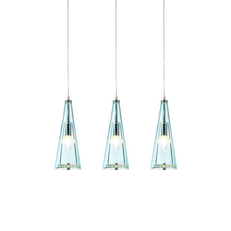 Contemporary Cone Pendant Lamp - Blue/Amber/Clear Glass 3-Light Ceiling Light In Chrome Round/Linear