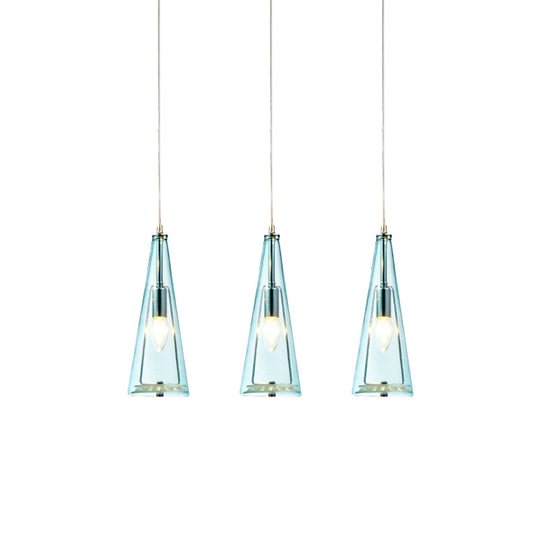 Contemporary Cone Pendant Lamp - Blue/Amber/Clear Glass 3-Light Ceiling Light In Chrome Round/Linear