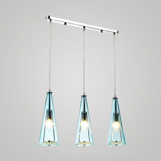 Modern Cone Pendant Lamp in Chrome with Blue/Amber/Clear Glass Panels - 3 Lights Ceiling Hanging Light, Round/Linear Canopy