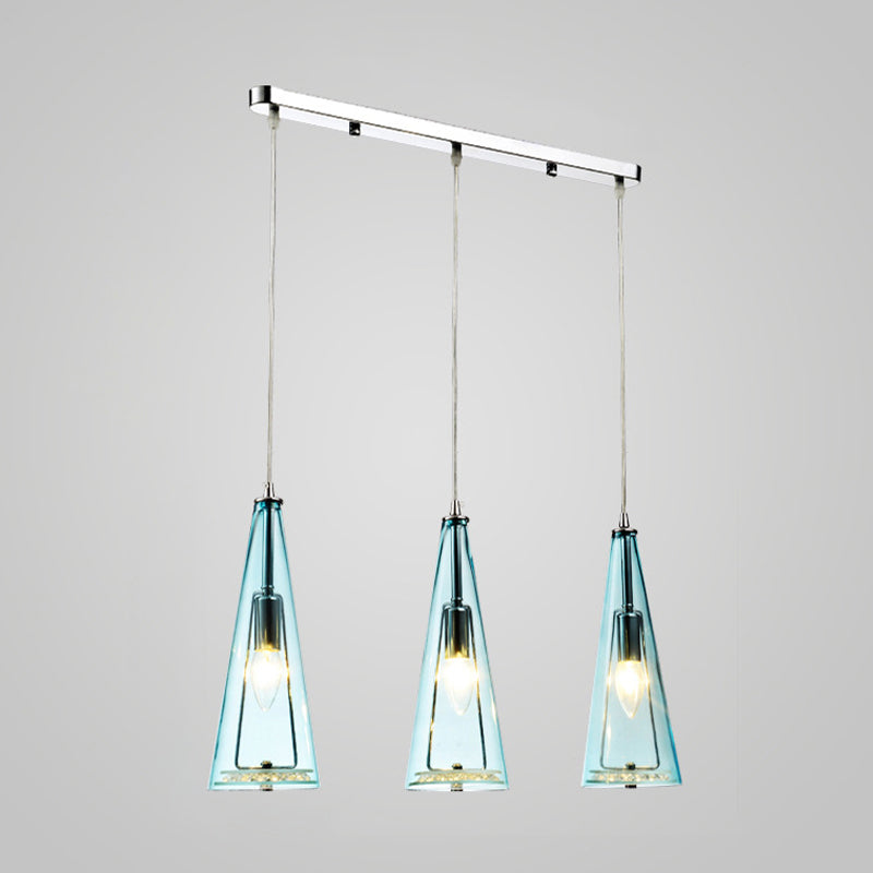 Contemporary Cone Pendant Lamp - Blue/Amber/Clear Glass 3-Light Ceiling Light In Chrome Round/Linear