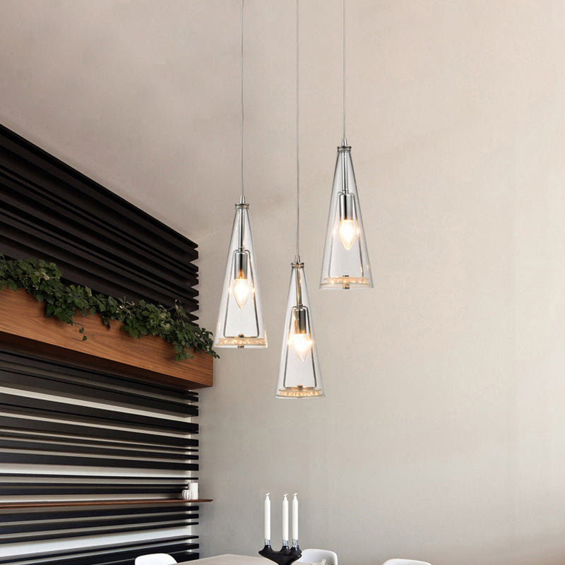 Modern Cone Pendant Lamp in Chrome with Blue/Amber/Clear Glass Panels - 3 Lights Ceiling Hanging Light, Round/Linear Canopy