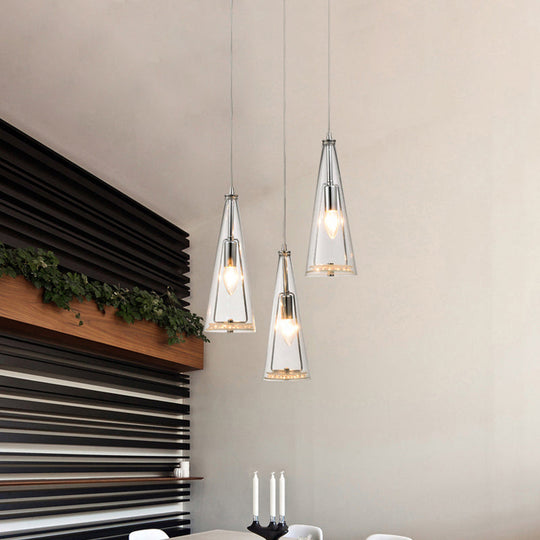 Contemporary Cone Pendant Lamp - Blue/Amber/Clear Glass 3-Light Ceiling Light In Chrome Round/Linear