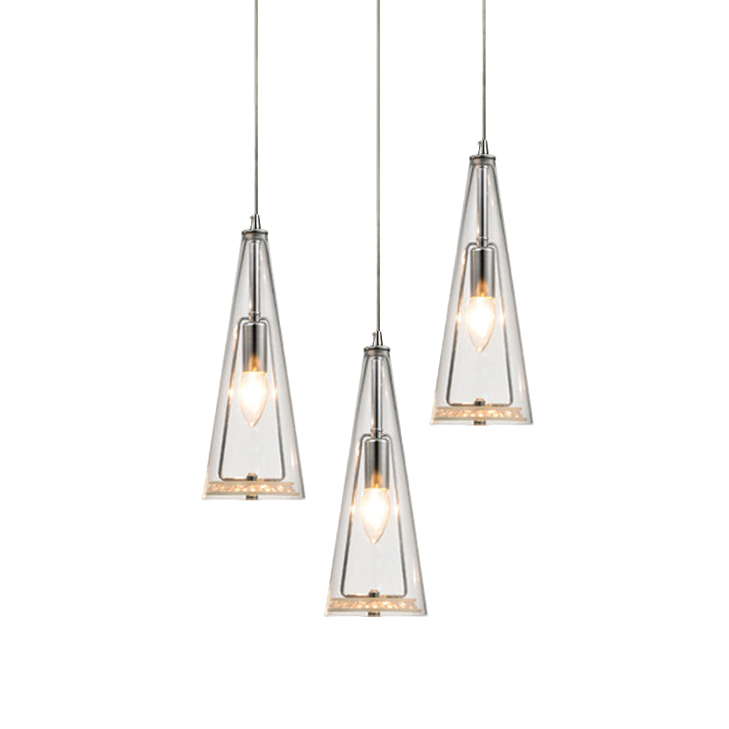 Modern Cone Pendant Lamp in Chrome with Blue/Amber/Clear Glass Panels - 3 Lights Ceiling Hanging Light, Round/Linear Canopy