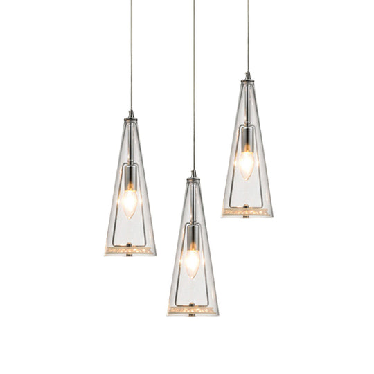 Modern Cone Pendant Lamp in Chrome with Blue/Amber/Clear Glass Panels - 3 Lights Ceiling Hanging Light, Round/Linear Canopy