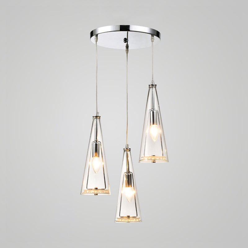 Contemporary Cone Pendant Lamp - Blue/Amber/Clear Glass 3-Light Ceiling Light In Chrome Round/Linear