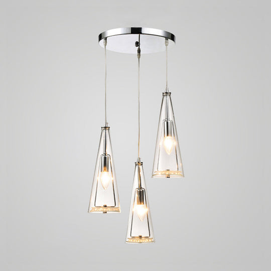 Contemporary Cone Pendant Lamp - Blue/Amber/Clear Glass 3-Light Ceiling Light In Chrome Round/Linear