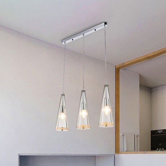 Contemporary Cone Pendant Lamp - Blue/Amber/Clear Glass 3-Light Ceiling Light In Chrome Round/Linear