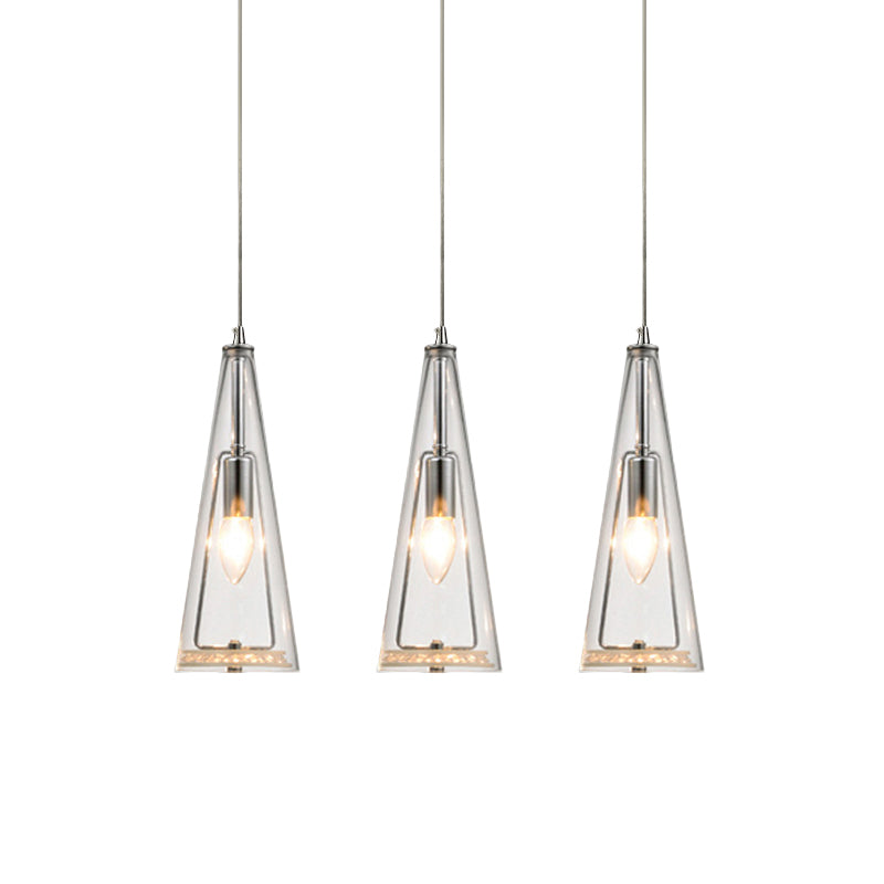 Contemporary Cone Pendant Lamp - Blue/Amber/Clear Glass 3-Light Ceiling Light In Chrome Round/Linear