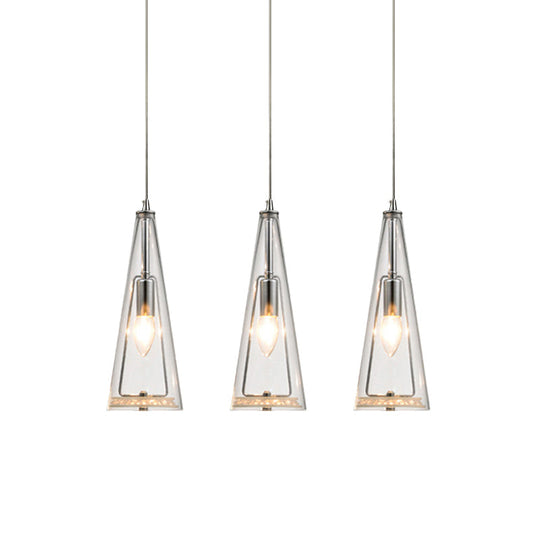 Contemporary Cone Pendant Lamp - Blue/Amber/Clear Glass 3-Light Ceiling Light In Chrome Round/Linear