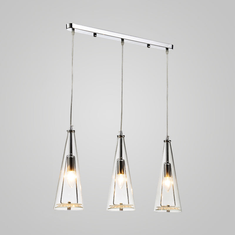 Modern Cone Pendant Lamp in Chrome with Blue/Amber/Clear Glass Panels - 3 Lights Ceiling Hanging Light, Round/Linear Canopy