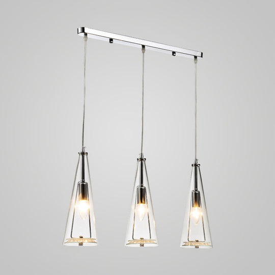 Modern Cone Pendant Lamp in Chrome with Blue/Amber/Clear Glass Panels - 3 Lights Ceiling Hanging Light, Round/Linear Canopy