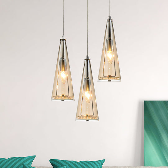 Modern Cone Pendant Lamp in Chrome with Blue/Amber/Clear Glass Panels - 3 Lights Ceiling Hanging Light, Round/Linear Canopy