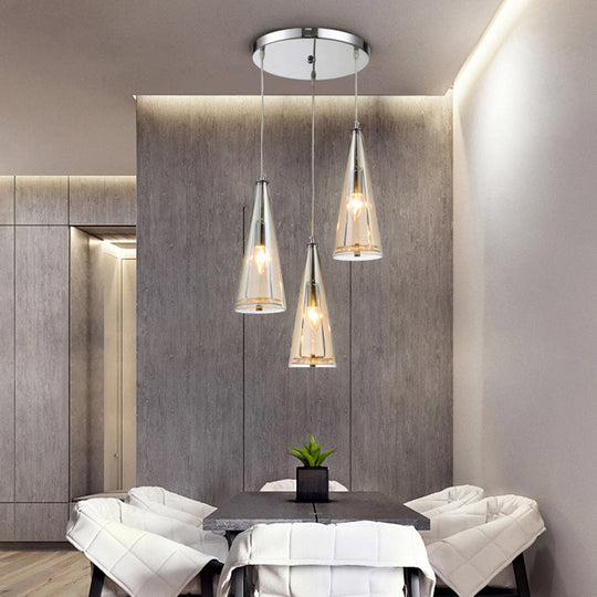Contemporary Cone Pendant Lamp - Blue/Amber/Clear Glass 3-Light Ceiling Light In Chrome Round/Linear