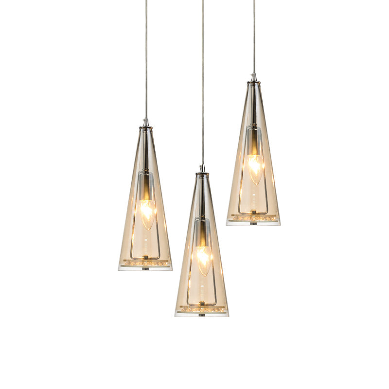 Modern Cone Pendant Lamp in Chrome with Blue/Amber/Clear Glass Panels - 3 Lights Ceiling Hanging Light, Round/Linear Canopy