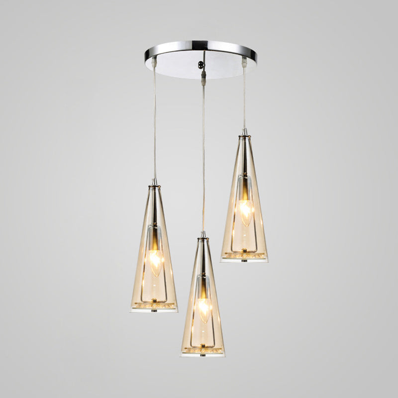 Modern Cone Pendant Lamp in Chrome with Blue/Amber/Clear Glass Panels - 3 Lights Ceiling Hanging Light, Round/Linear Canopy
