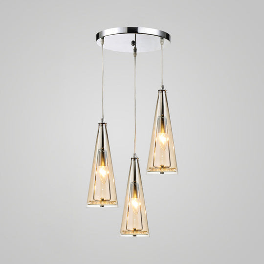 Modern Cone Pendant Lamp in Chrome with Blue/Amber/Clear Glass Panels - 3 Lights Ceiling Hanging Light, Round/Linear Canopy