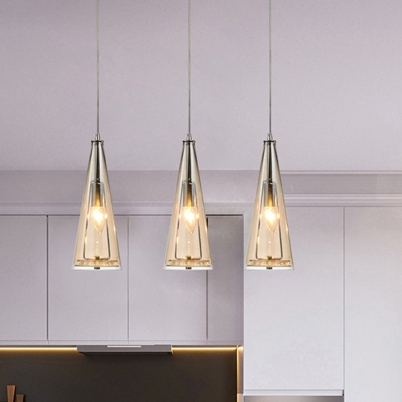 Contemporary Cone Pendant Lamp - Blue/Amber/Clear Glass 3-Light Ceiling Light In Chrome Round/Linear
