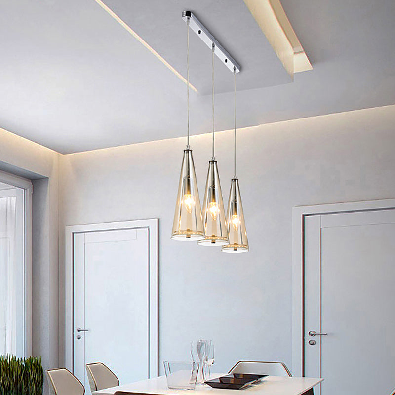 Contemporary Cone Pendant Lamp - Blue/Amber/Clear Glass 3-Light Ceiling Light In Chrome Round/Linear