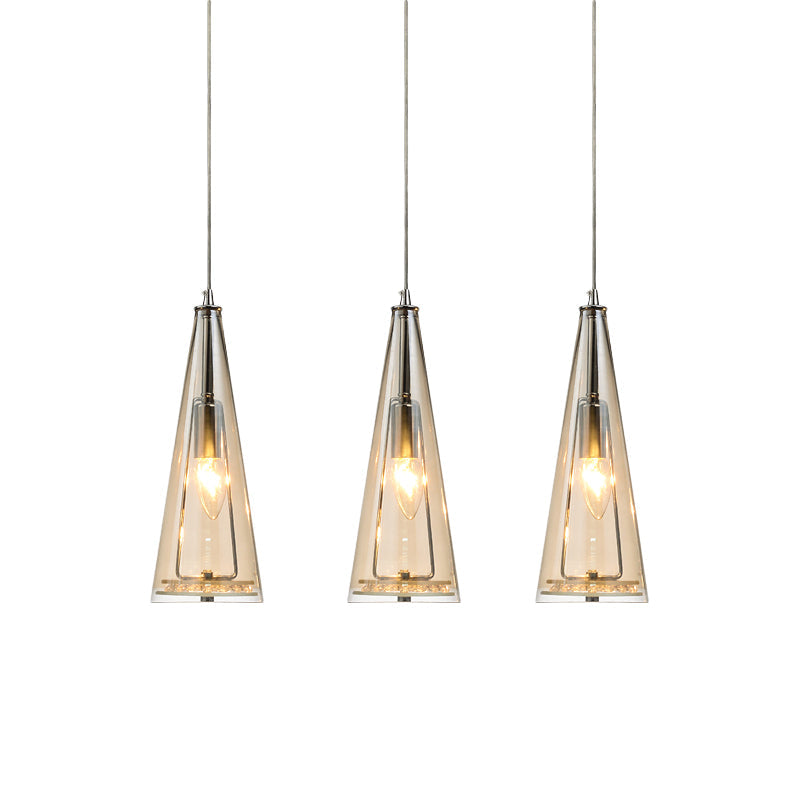 Modern Cone Pendant Lamp in Chrome with Blue/Amber/Clear Glass Panels - 3 Lights Ceiling Hanging Light, Round/Linear Canopy
