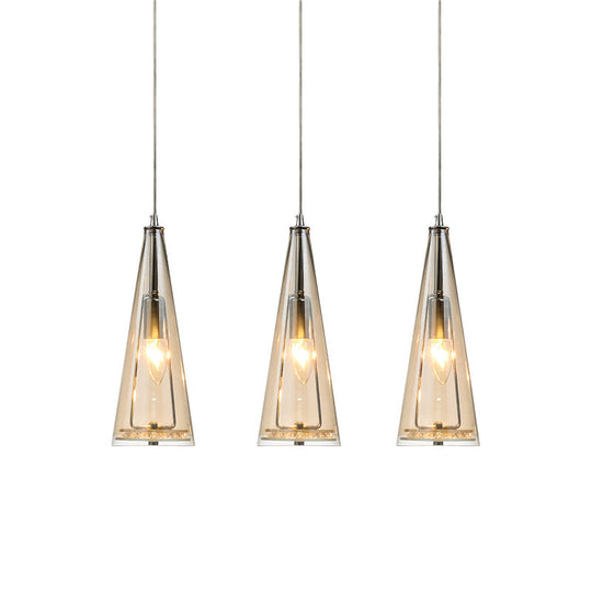 Contemporary Cone Pendant Lamp - Blue/Amber/Clear Glass 3-Light Ceiling Light In Chrome Round/Linear