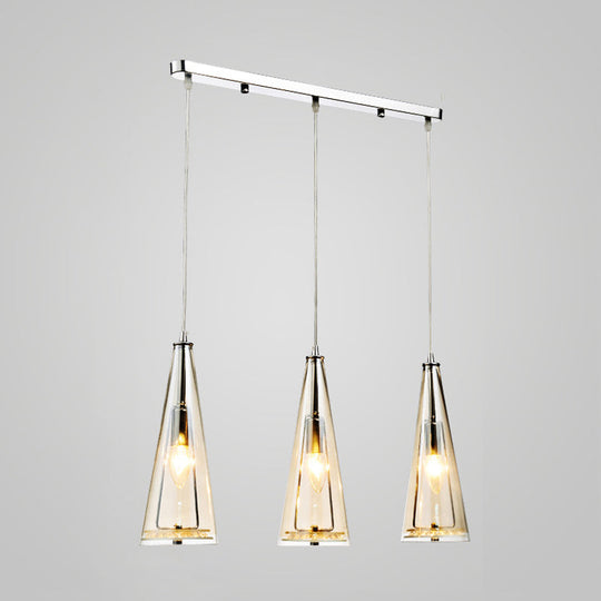 Contemporary Cone Pendant Lamp - Blue/Amber/Clear Glass 3-Light Ceiling Light In Chrome Round/Linear