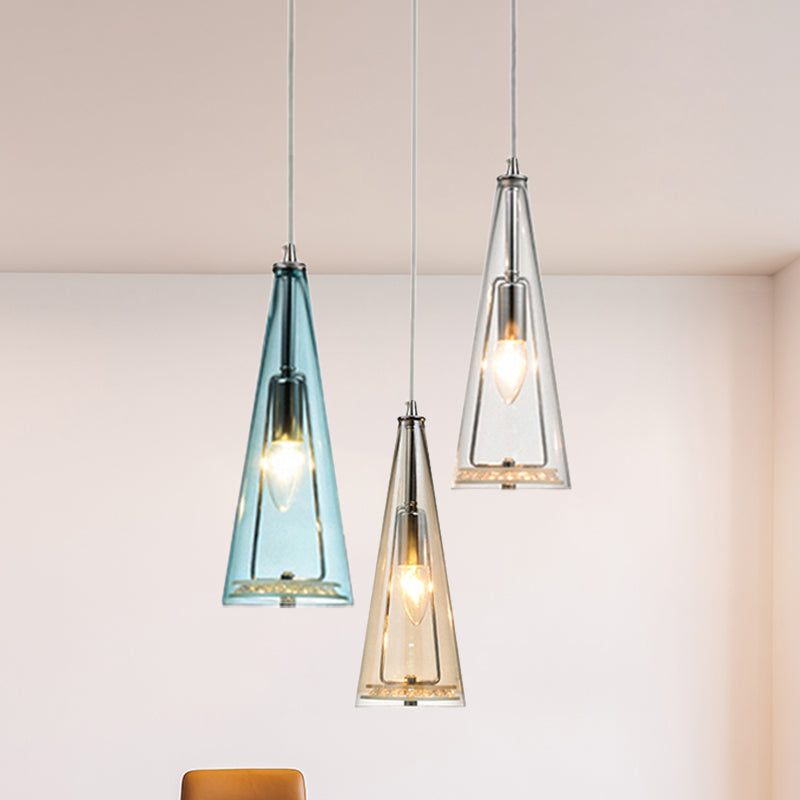 Modern Cone Pendant Lamp in Chrome with Blue/Amber/Clear Glass Panels - 3 Lights Ceiling Hanging Light, Round/Linear Canopy