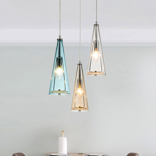 Modern Cone Pendant Lamp in Chrome with Blue/Amber/Clear Glass Panels - 3 Lights Ceiling Hanging Light, Round/Linear Canopy