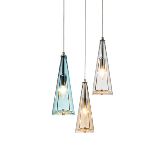 Contemporary Cone Pendant Lamp - Blue/Amber/Clear Glass 3-Light Ceiling Light In Chrome Round/Linear