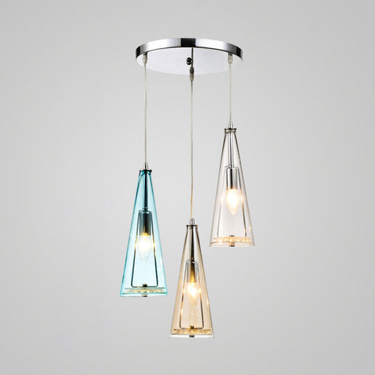 Modern Cone Pendant Lamp in Chrome with Blue/Amber/Clear Glass Panels - 3 Lights Ceiling Hanging Light, Round/Linear Canopy