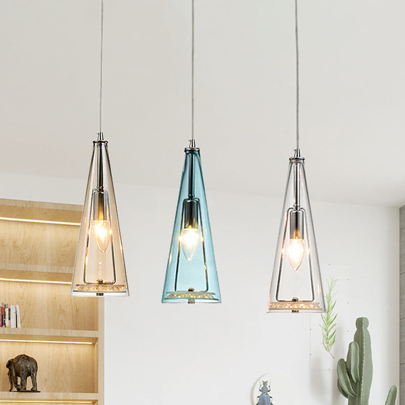Modern Cone Pendant Lamp in Chrome with Blue/Amber/Clear Glass Panels - 3 Lights Ceiling Hanging Light, Round/Linear Canopy