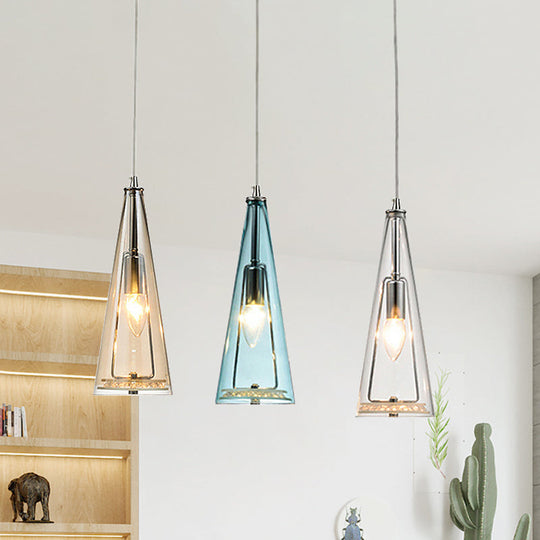 Modern Cone Pendant Lamp in Chrome with Blue/Amber/Clear Glass Panels - 3 Lights Ceiling Hanging Light, Round/Linear Canopy