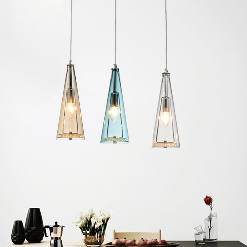 Contemporary Cone Pendant Lamp - Blue/Amber/Clear Glass 3-Light Ceiling Light In Chrome Round/Linear
