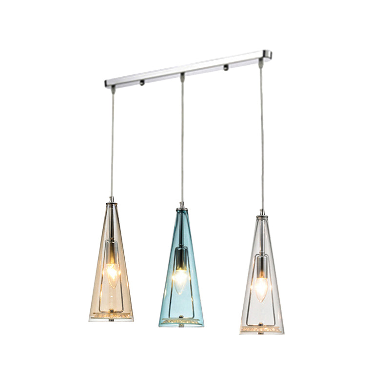 Modern Cone Pendant Lamp in Chrome with Blue/Amber/Clear Glass Panels - 3 Lights Ceiling Hanging Light, Round/Linear Canopy