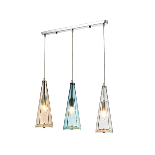 Contemporary Cone Pendant Lamp - Blue/Amber/Clear Glass 3-Light Ceiling Light In Chrome Round/Linear
