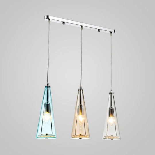 Contemporary Cone Pendant Lamp - Blue/Amber/Clear Glass 3-Light Ceiling Light In Chrome Round/Linear