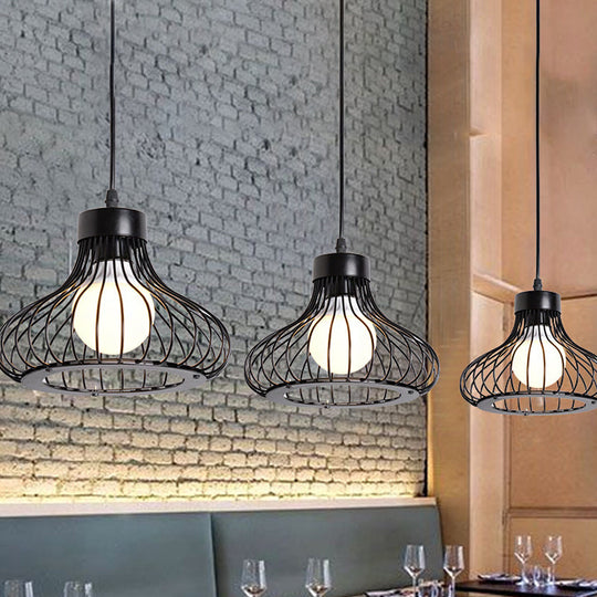 Black Farmhouse 3-Light Bowl Pendant with Wire Cage Shade - Restaurant Hanging Light Fixture