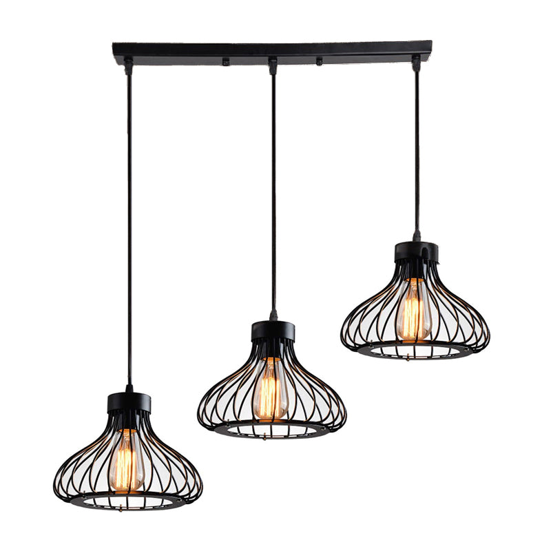 Black Farmhouse 3-Light Bowl Pendant with Wire Cage Shade - Restaurant Hanging Light Fixture