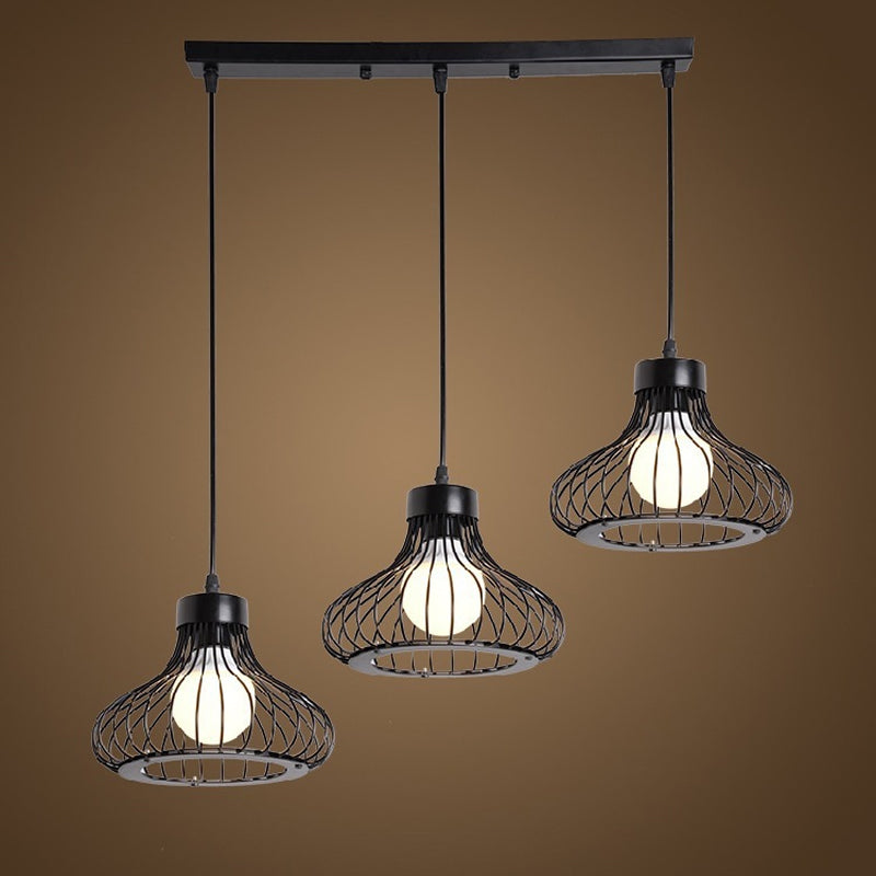 Black Farmhouse 3-Light Bowl Pendant with Wire Cage Shade - Restaurant Hanging Light Fixture