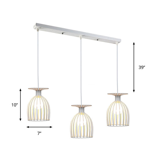 Industrial Metal Wine Glass Pendant Light With Wire Guard - 3 Head Living Room Hanging In White