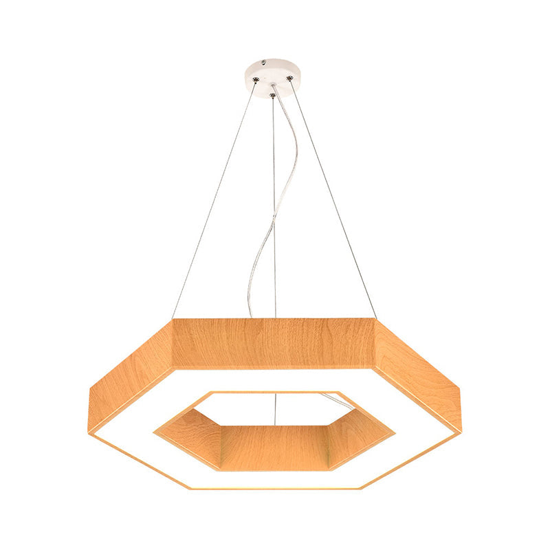 Modern LED Wood Hexagon Hanging Ceiling Pendant Lamp - 16"/23.5" Wide, Beige with Recessed Diffuser