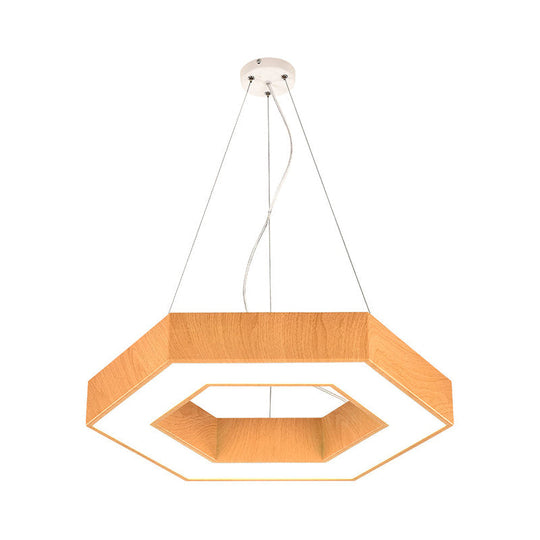 Modern LED Wood Hexagon Hanging Ceiling Pendant Lamp - 16"/23.5" Wide, Beige with Recessed Diffuser