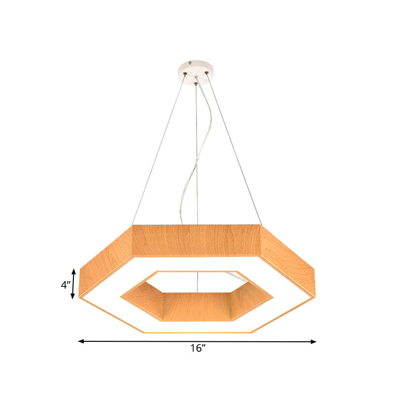 Modern LED Wood Hexagon Hanging Ceiling Pendant Lamp - 16"/23.5" Wide, Beige with Recessed Diffuser