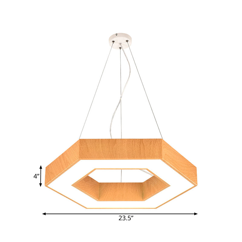 Modern LED Wood Hexagon Hanging Ceiling Pendant Lamp - 16"/23.5" Wide, Beige with Recessed Diffuser