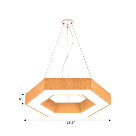 Modern LED Wood Hexagon Hanging Ceiling Pendant Lamp - 16"/23.5" Wide, Beige with Recessed Diffuser